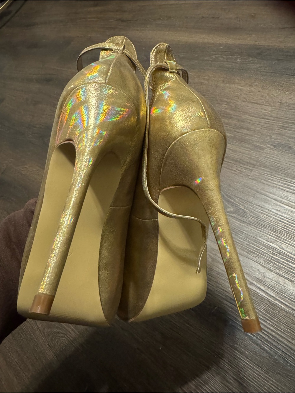Holographic Gold Pointed-Toe Ankle-Strap Stilettos - Picture 4 of 7
